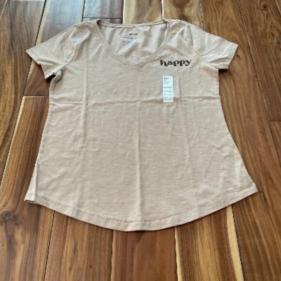 Sonoma Tan V Neck Top "Happy". NWT. Petite Small - Picture 2 of 5